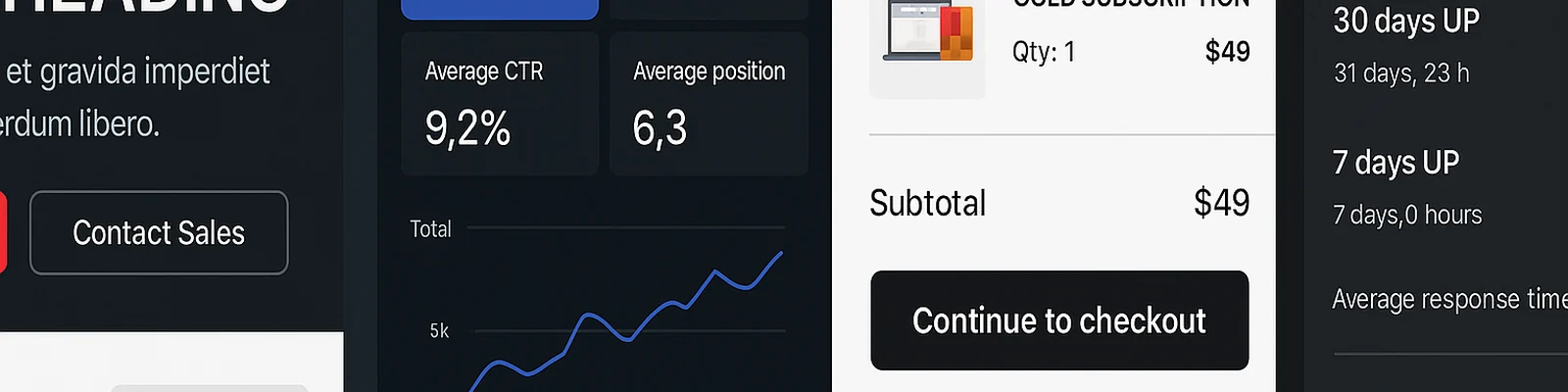 AEGIS web services collage: modern layouts, SEO analytics, eCommerce cart, uptime dashboard