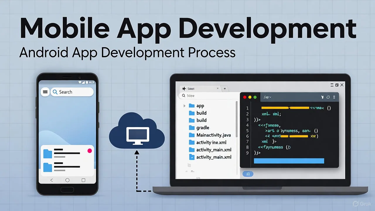 Android app development visual — device & code