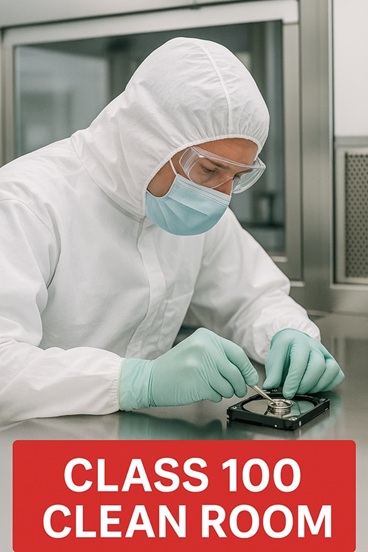 Technician working inside a Class 100 clean room